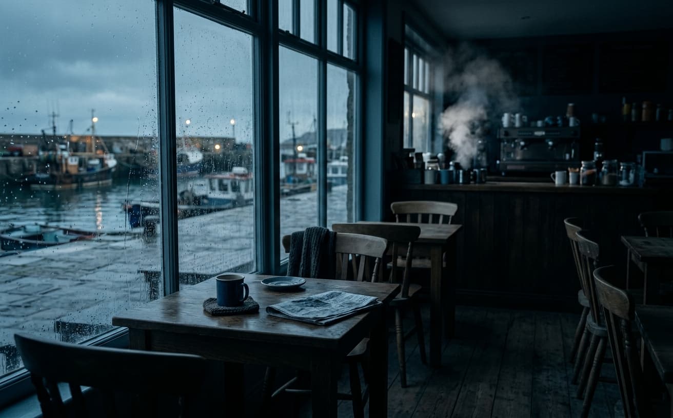 A quiet harbourside café at first light, empty wooden tables and steam rising from the coffee machine