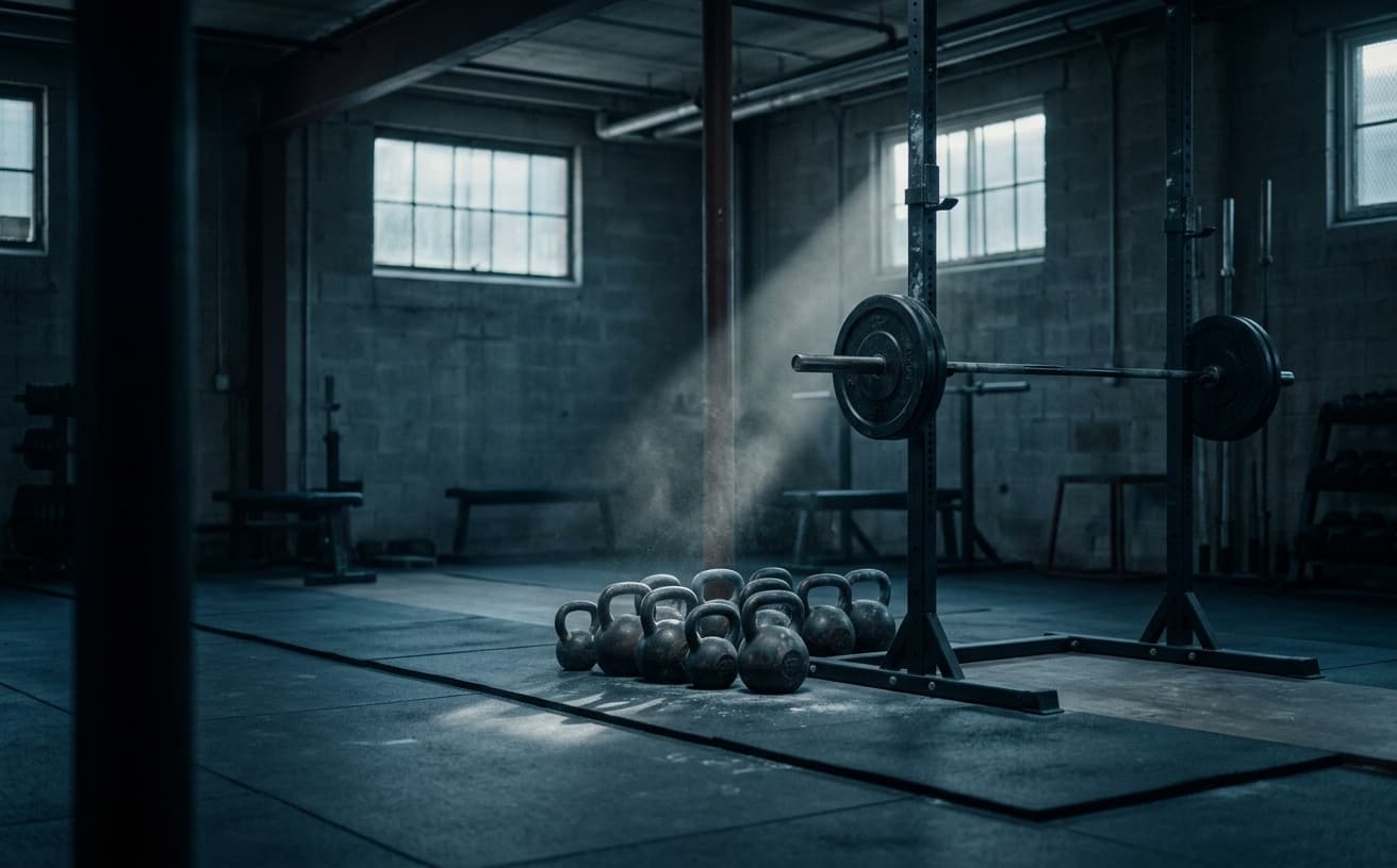 An empty independent gym at dawn, kettlebells and a barbell rack lit by a shaft of light