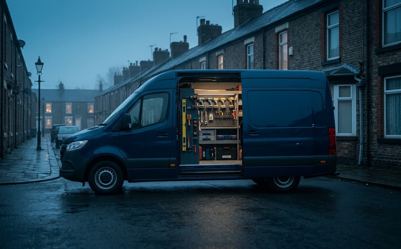 A plumbing work van parked on a terraced street at dawn, tools neatly racked in the open side door