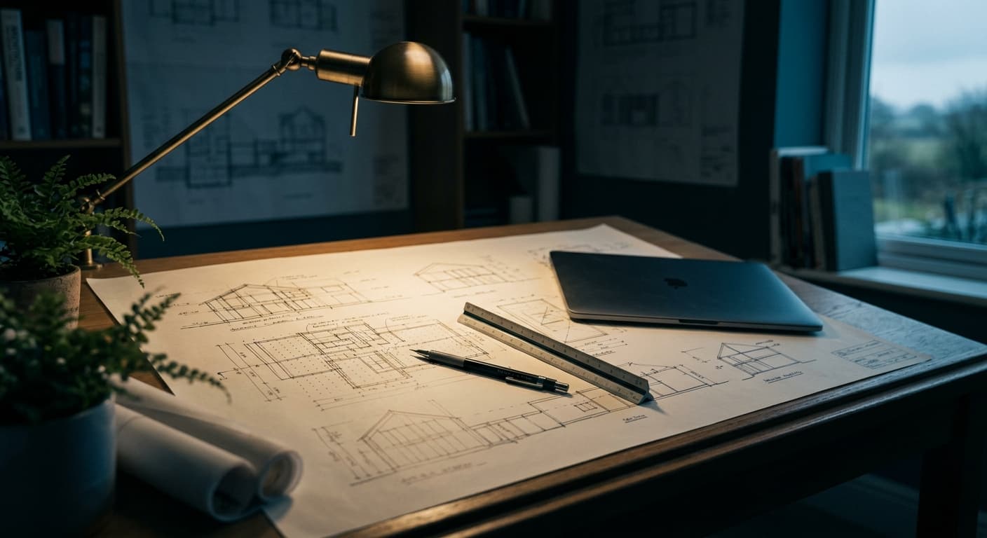 A drawing board at dusk covered with technical plans, a ruler and pen beside a closed laptop