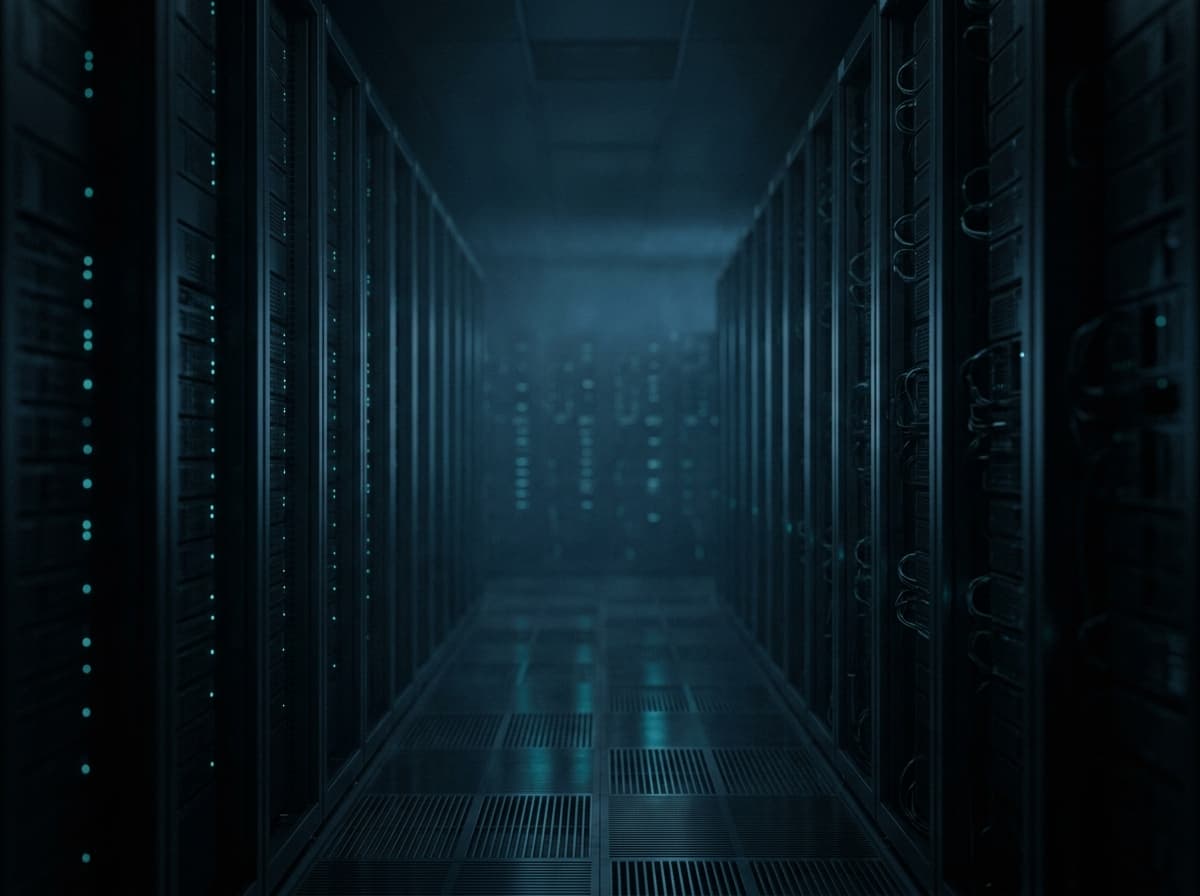 A dark server room corridor, rows of racks receding into the distance lit by small indicator lights
