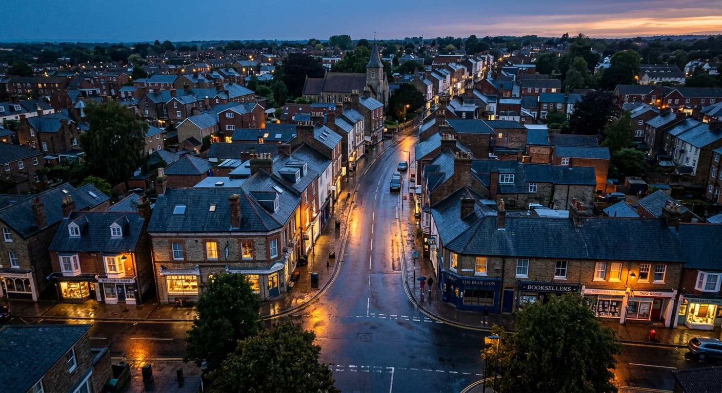 A British high street at dusk seen from above, shop windows lit and the wet road reflecting the sky