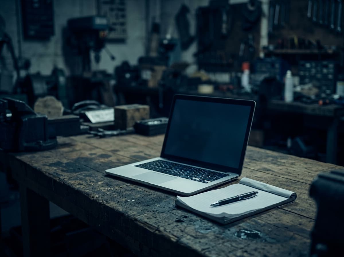 A laptop open on a table beside a coffee, looking out over a harbour through a rain-flecked window