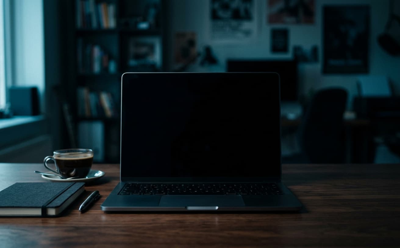 A laptop on a studio desk at dusk showing a portfolio website built by Sandpaper Sites